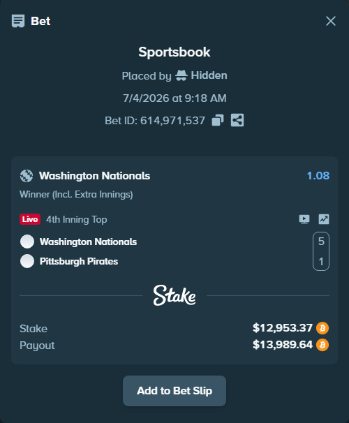 Bet slip: Washington Nationals - Pittsburgh Pirates, $13,002.31 stake at 1.08 odds, placed by Hidden