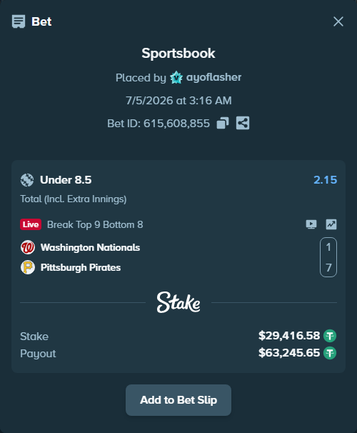 Bet slip: Washington Nationals - Pittsburgh Pirates, $29,446.00 stake at 2.15 odds, placed by ayoflasher