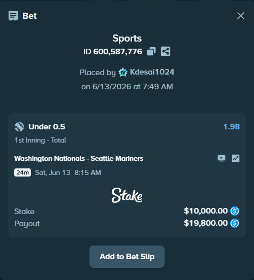 Bet slip: Washington Nationals - Seattle Mariners, $10,000.00 stake at 1.98 odds, placed by Kdesai1024