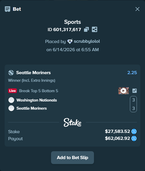 Bet slip: Washington Nationals - Seattle Mariners, $27,583.52 stake at 2.25 odds, placed by scrubbylolol