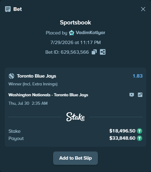 Bet slip: Washington Nationals - Toronto Blue Jays, $18,515.00 stake at 1.83 odds, placed by VadimKotlyar