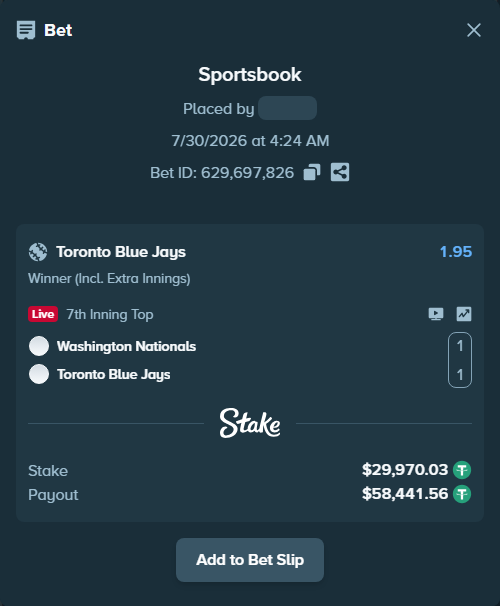 Bet slip: Washington Nationals - Toronto Blue Jays, $30,000.00 stake at 1.95 odds, placed by ayoflasher