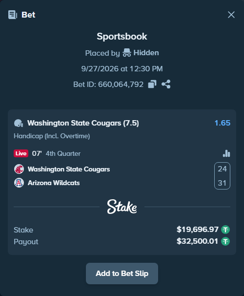 Bet slip: Washington State Cougars - Arizona Wildcats, $19,696.97 stake at 1.65 odds, placed by Hidden