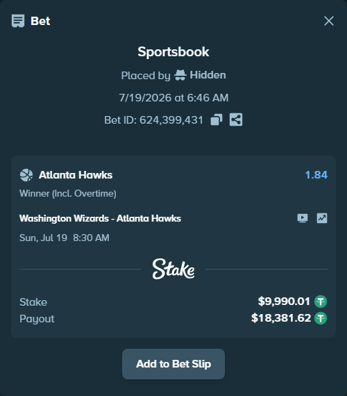 Bet slip: Washington Wizards - Atlanta Hawks, $10,000.00 stake at 1.84 odds, placed by Hidden