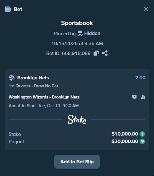 Bet slip: Washington Wizards - Brooklyn Nets, $10,010.00 stake at 2.00 odds, placed by Hidden
