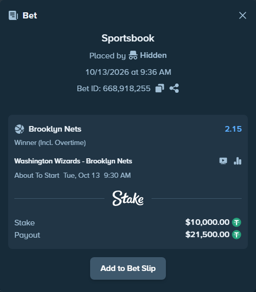Bet slip: Washington Wizards - Brooklyn Nets, $10,010.00 stake at 2.15 odds, placed by Hidden