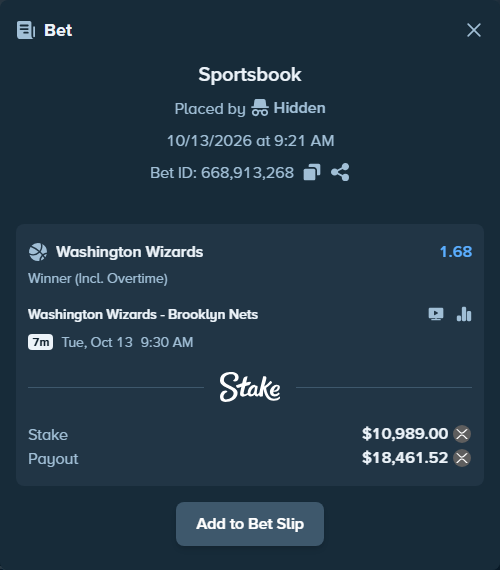 Bet slip: Washington Wizards - Brooklyn Nets, $11,124.09 stake at 1.68 odds, placed by Hidden