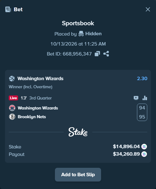 Bet slip: Washington Wizards - Brooklyn Nets, $15,127.76 stake at 2.30 odds, placed by Prettylfacko98