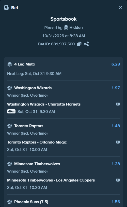 Bet slip: Washington Wizards - Charlotte Hornets, $10,000.00 stake at 1.97 odds, placed by Hidden