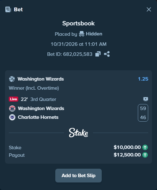 Bet slip: Washington Wizards - Charlotte Hornets, $10,010.00 stake at 1.25 odds, placed by Maxitr67