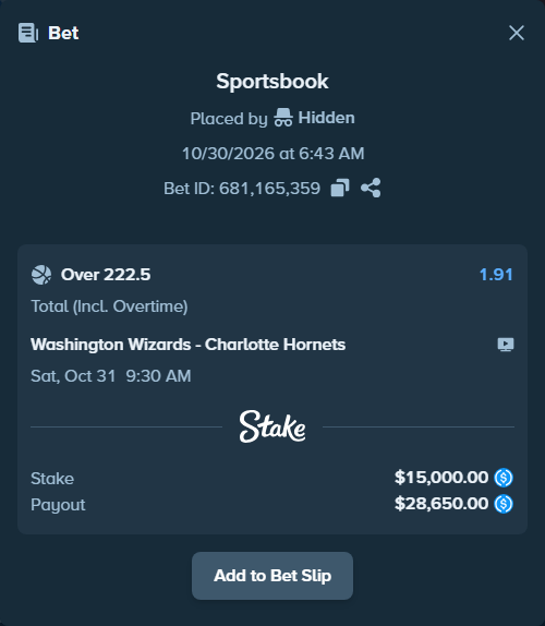 Bet slip: Washington Wizards - Charlotte Hornets, $15,000.00 stake at 1.91 odds, placed by Hidden