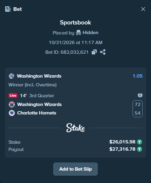 Bet slip: Washington Wizards - Charlotte Hornets, $26,042.00 stake at 1.05 odds, placed by diomancy