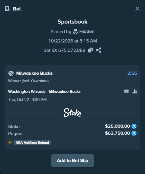 Bet slip: Washington Wizards - Milwaukee Bucks, $25,000.00 stake at 2.55 odds, placed by Daria212