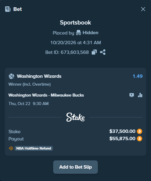 Bet slip: Washington Wizards - Milwaukee Bucks, $37,285.97 stake at 1.49 odds, placed by SpinEng