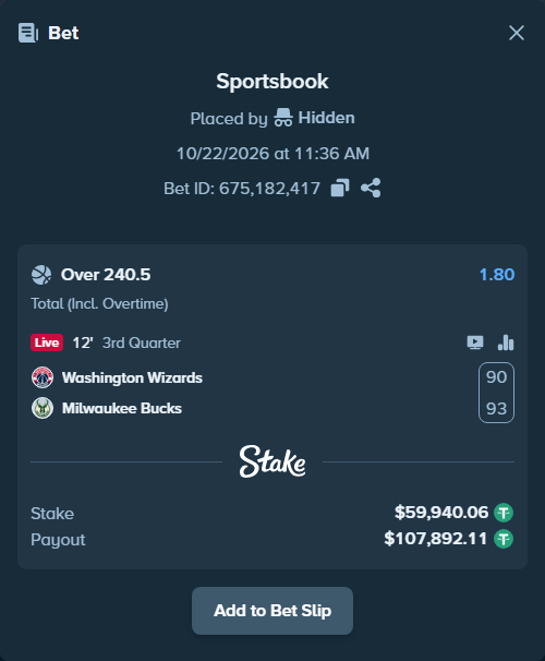 Bet slip: Washington Wizards - Milwaukee Bucks, $60,000.00 stake at 1.80 odds, placed by BetlikeaKing