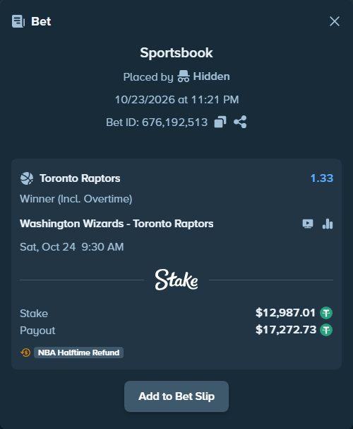 Bet slip: Washington Wizards - Toronto Raptors, $13,000.00 stake at 1.33 odds, placed by Hidden