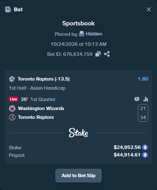 Bet slip: Washington Wizards - Toronto Raptors, $24,954.18 stake at 1.80 odds, placed by Jollysea