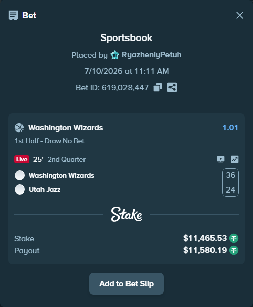 Bet slip: Washington Wizards - Utah Jazz, $11,477.00 stake at 1.01 odds, placed by RyazheniyPetuh