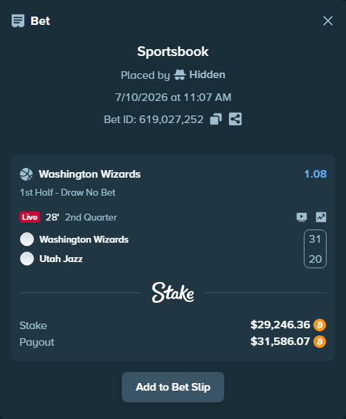 Bet slip: Washington Wizards - Utah Jazz, $29,704.82 stake at 1.08 odds, placed by Hidden