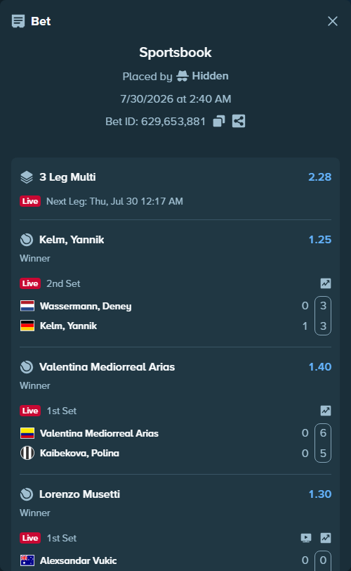 Bet slip: Wassermann, Deney - Kelm, Yannik, $20,000.00 stake at 1.25 odds, placed by Hidden