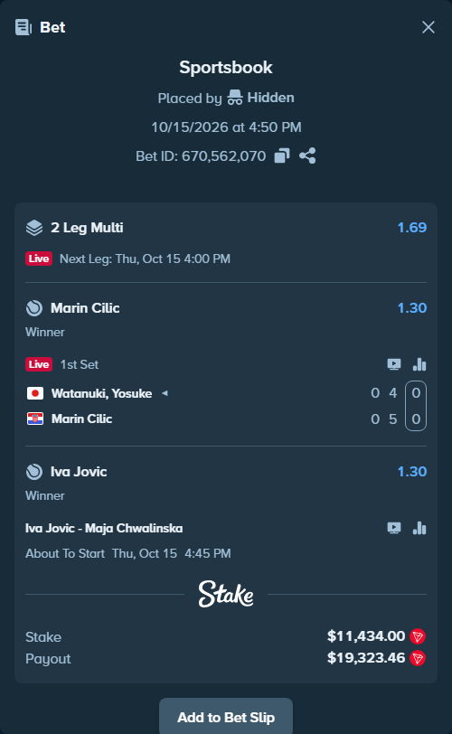 Bet slip: Watanuki, Yosuke - Marin Cilic, $11,479.96 stake at 1.30 odds, placed by Hidden