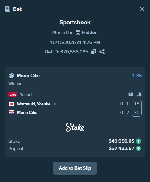 Bet slip: Watanuki, Yosuke - Marin Cilic, $50,000.00 stake at 1.35 odds, placed by Hidden