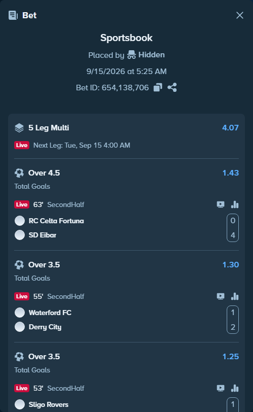 Bet slip: Waterford FC - Derry City FC, $120,000.00 stake at 1.30 odds, placed by Hidden