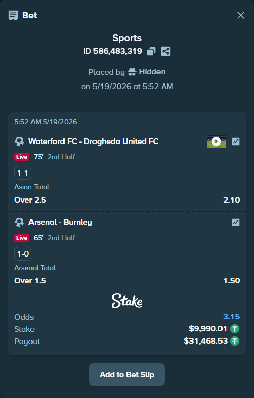 Bet slip: Waterford FC - Drogheda United FC, $10,000.00 stake at 2.10 odds, placed by Hidden