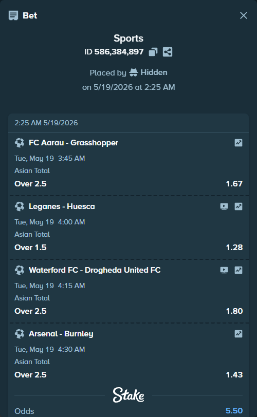 Bet slip: Waterford FC - Drogheda United FC, $15,000.00 stake at 1.80 odds, placed by Hidden