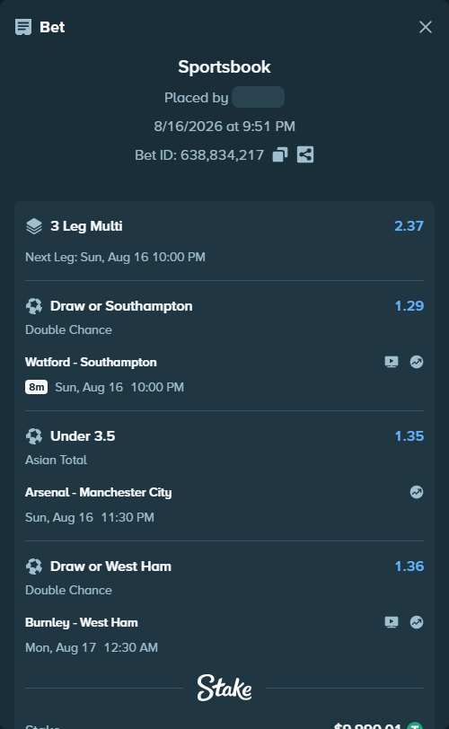Bet slip: Watford - Southampton, $10,000.00 stake at 1.29 odds, placed by Maxprof