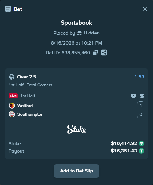 Bet slip: Watford - Southampton, $10,425.34 stake at 1.57 odds, placed by Hidden