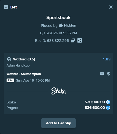 Bet slip: Watford - Southampton, $20,000.00 stake at 1.83 odds, placed by Hidden