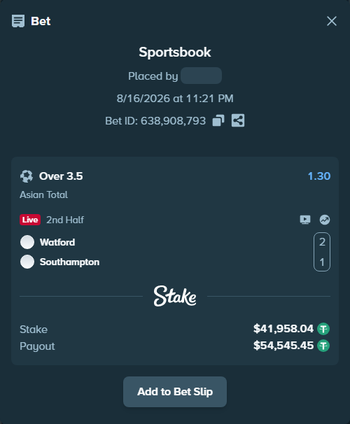 Bet slip: Watford - Southampton, $42,000.00 stake at 1.30 odds, placed by Jackpoor