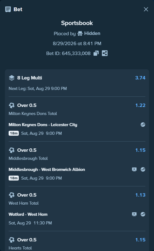 Bet slip: Watford - West Ham, $10,686.03 stake at 1.13 odds, placed by Hidden