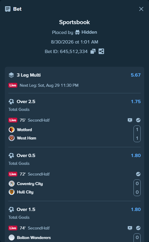 Bet slip: Watford - West Ham, $50,000.00 stake at 1.75 odds, placed by Hidden