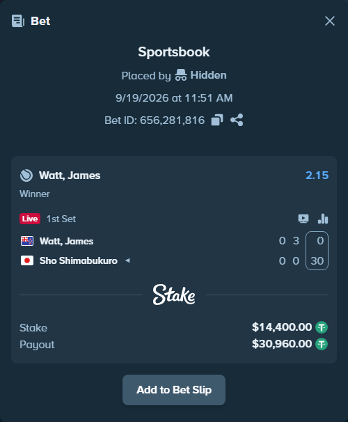 Bet slip: Watt, James - Sho Shimabukuro, $14,400.00 stake at 2.15 odds, placed by Hidden