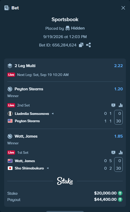 Bet slip: Watt, James - Sho Shimabukuro, $20,000.00 stake at 1.85 odds, placed by Hidden