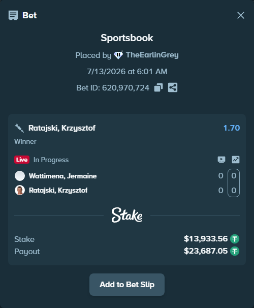 Bet slip: Wattimena, Jermaine - Ratajski, Krzysztof, $13,947.49 stake at 1.70 odds, placed by TheEarlinGrey