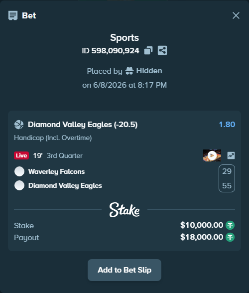 Bet slip: Waverley Falcons - Diamond Valley Eagles, $10,010.00 stake at 1.80 odds, placed by Hidden