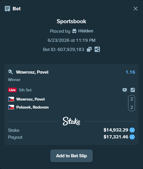 Bet slip: Wawrosz, Pavel - Polasek, Radovan, $14,932.29 stake at 1.16 odds, placed by Hidden