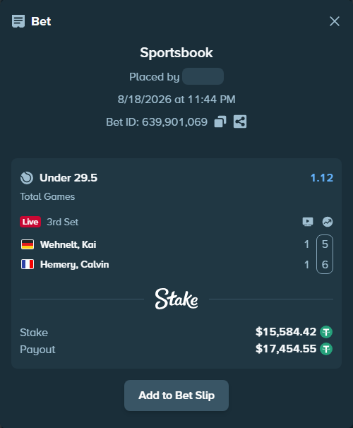 Bet slip: Wehnelt, Kai - Hemery, Calvin, $15,600.00 stake at 1.12 odds, placed by diomancy