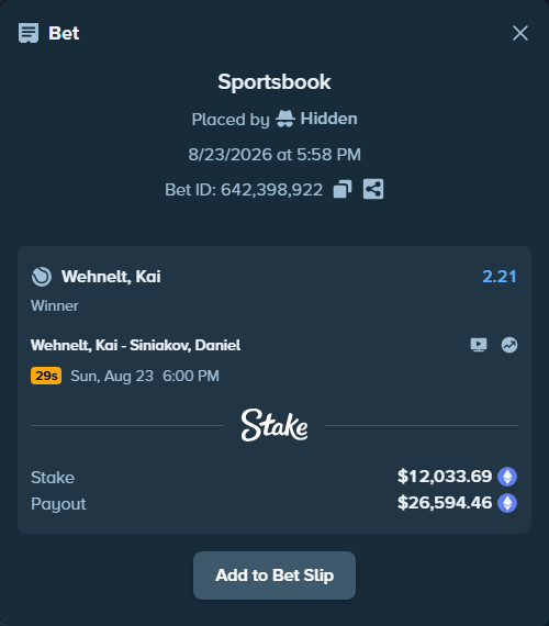 Bet slip: Wehnelt, Kai - Siniakov, Daniel, $12,185.90 stake at 2.21 odds, placed by Hidden