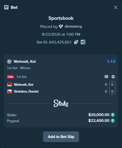 Bet slip: Wehnelt, Kai - Siniakov, Daniel, $20,000.00 stake at 1.12 odds, placed by diomancy