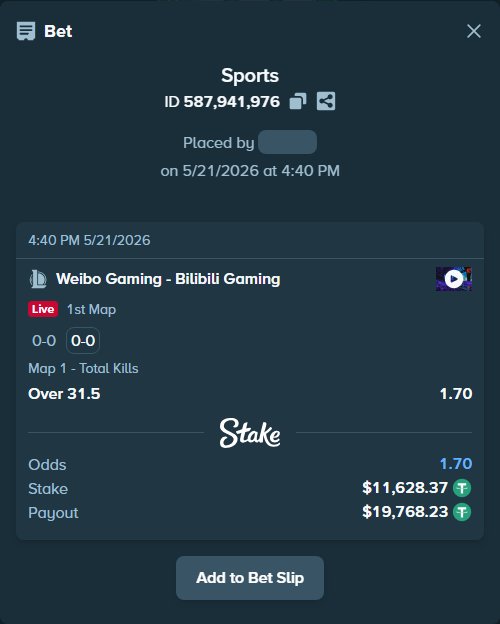 Bet slip: Weibo  Gaming - Bilibili Gaming, $11,640.00 stake at 1.70 odds, placed by 가보자이잇