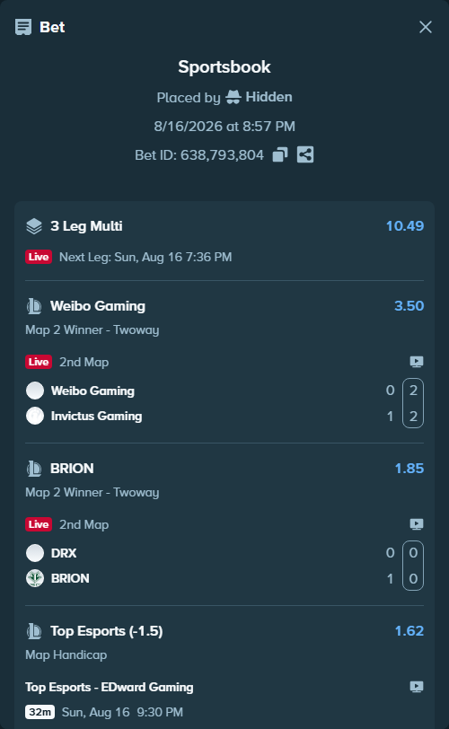 Bet slip: Weibo  Gaming - Invictus Gaming, $100,000.00 stake at 3.50 odds, placed by Hidden