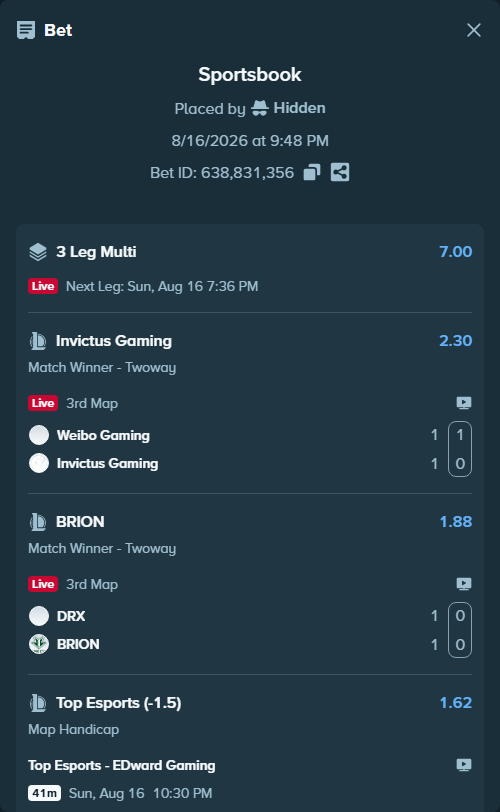 Bet slip: Weibo  Gaming - Invictus Gaming, $100,000.00 stake at 2.30 odds, placed by Hidden