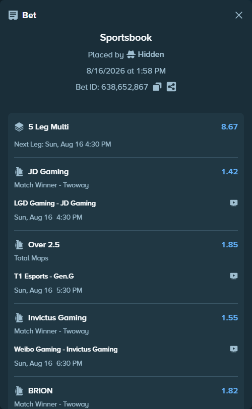 Bet slip: Weibo  Gaming - Invictus Gaming, $101,603.50 stake at 1.55 odds, placed by Hidden