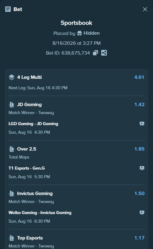 Bet slip: Weibo  Gaming - Invictus Gaming, $152,593.50 stake at 1.50 odds, placed by Hidden