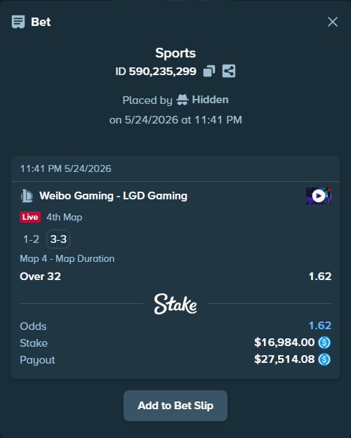 Bet slip: Weibo  Gaming - LGD Gaming, $16,984.00 stake at 1.62 odds, placed by Hidden