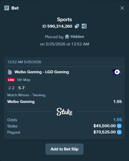 Bet slip: Weibo  Gaming - LGD Gaming, $45,500.00 stake at 1.55 odds, placed by Hidden